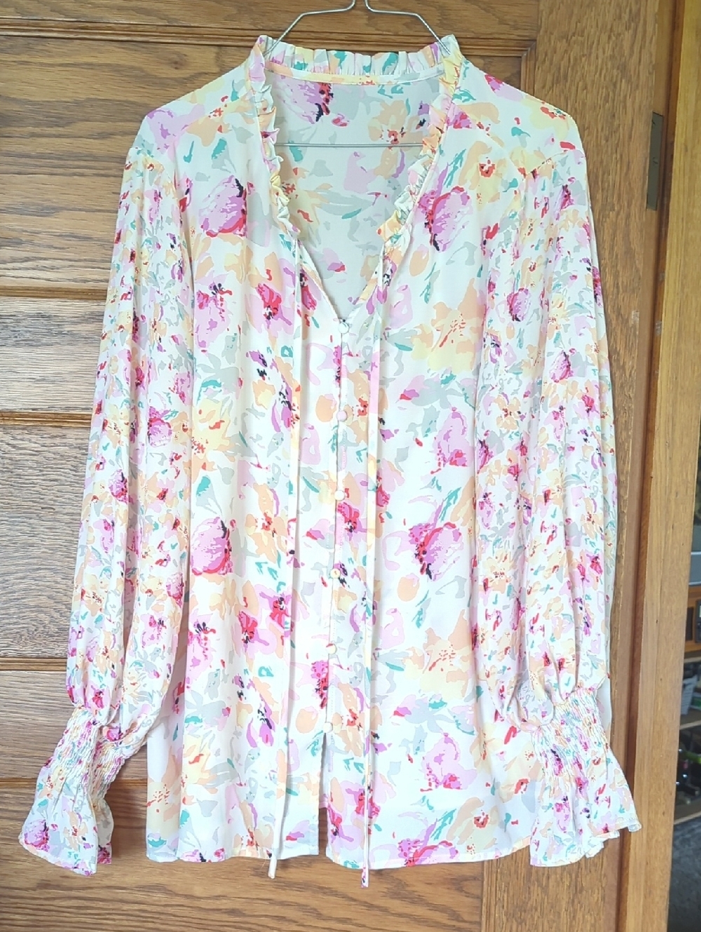 Women’s Floral Tie-Neck Blouse in Cream and Pink Floral
